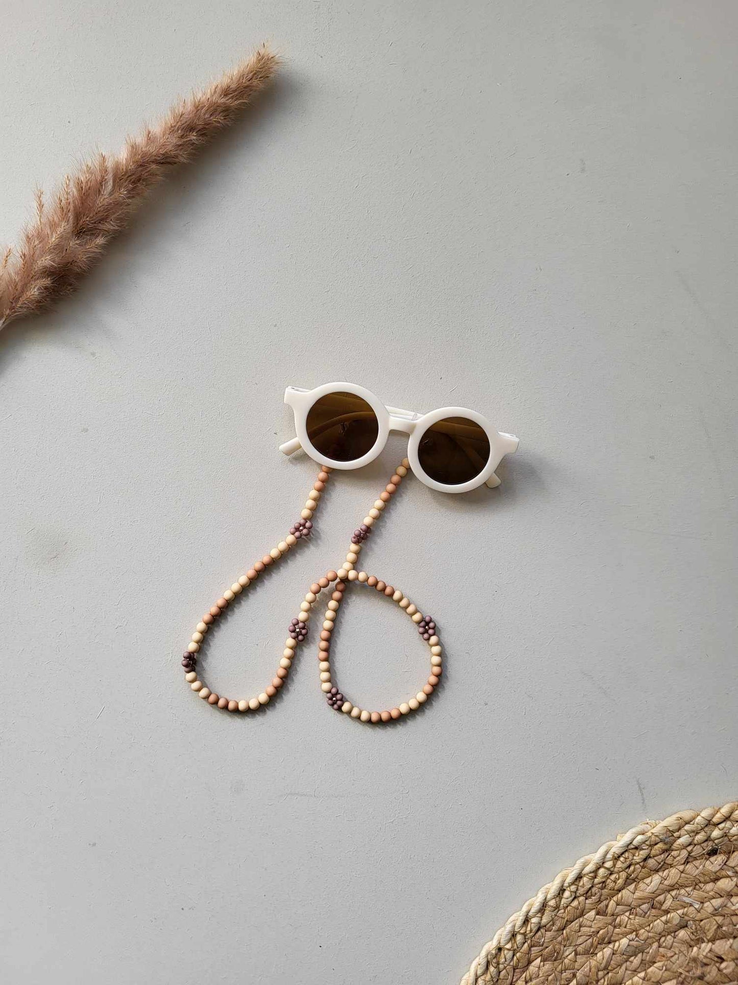 Zonnebrilkoord | Taupe - creme bloemen
