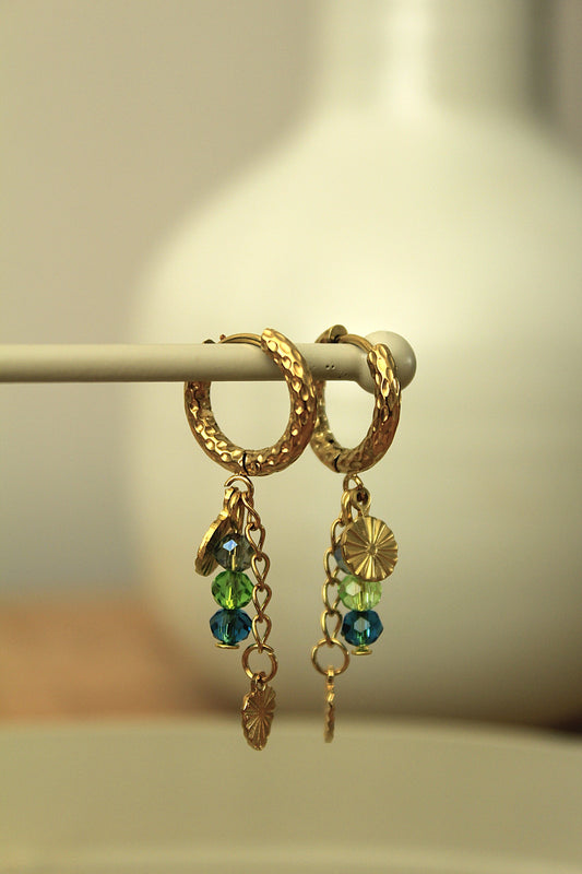 Stainless steel oorringen met hangers | Groen - Blauwe kralen