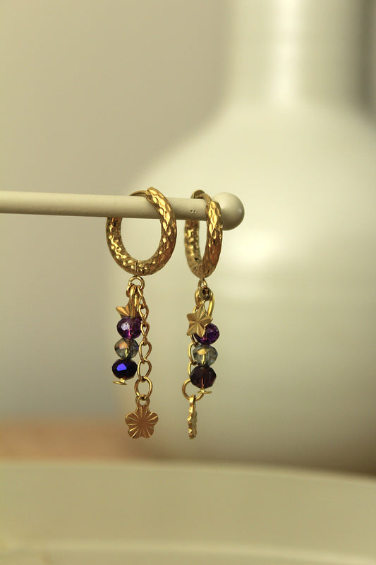 Stainless steel oorringen met hangers | Paarse kralen