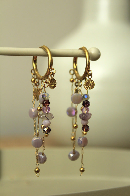 Stainless steel oorringen met hangers | Paarse elegantie