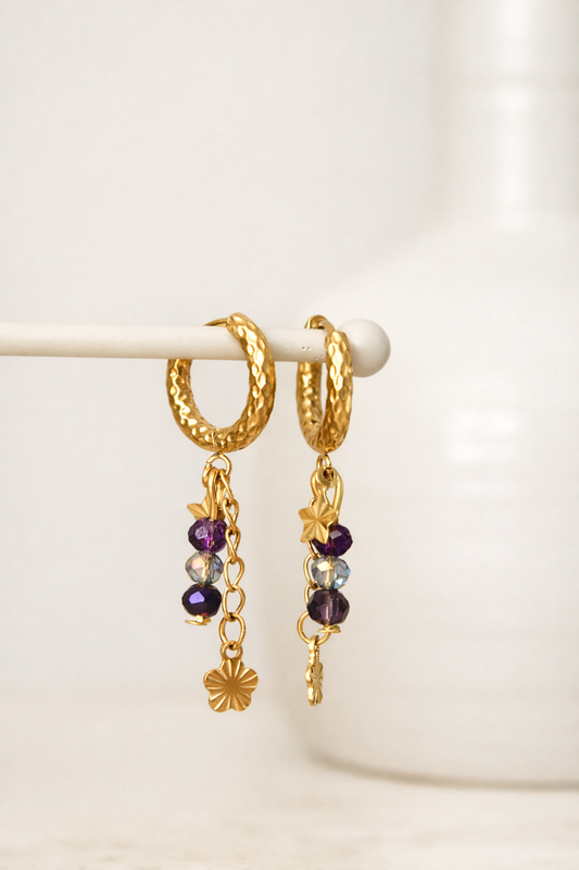 Littlemay.nl Stainless steel oorringen met hangers | Paarse kralen