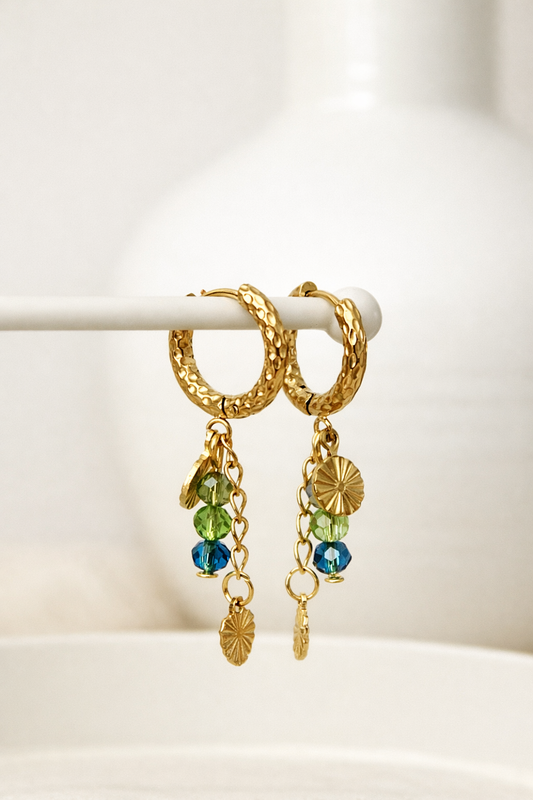 Littlemay.nl Stainless steel oorringen met hangers | Groen - Blauwe kralen